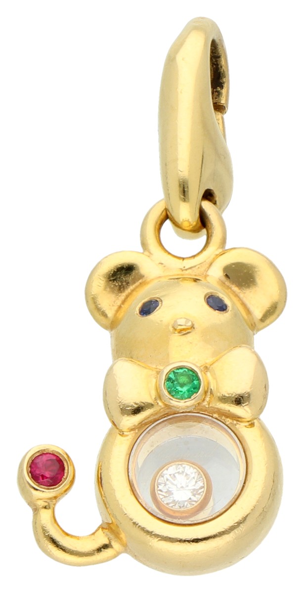 Chopard 18K geelgouden 'Happy Diamond' hanger bezet met ca. 0.03 ct. diamant, saffier, robijn en smaragd