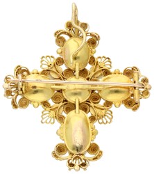 18K geelgouden filigrain kruis broche/hanger met edelstenen en parels.