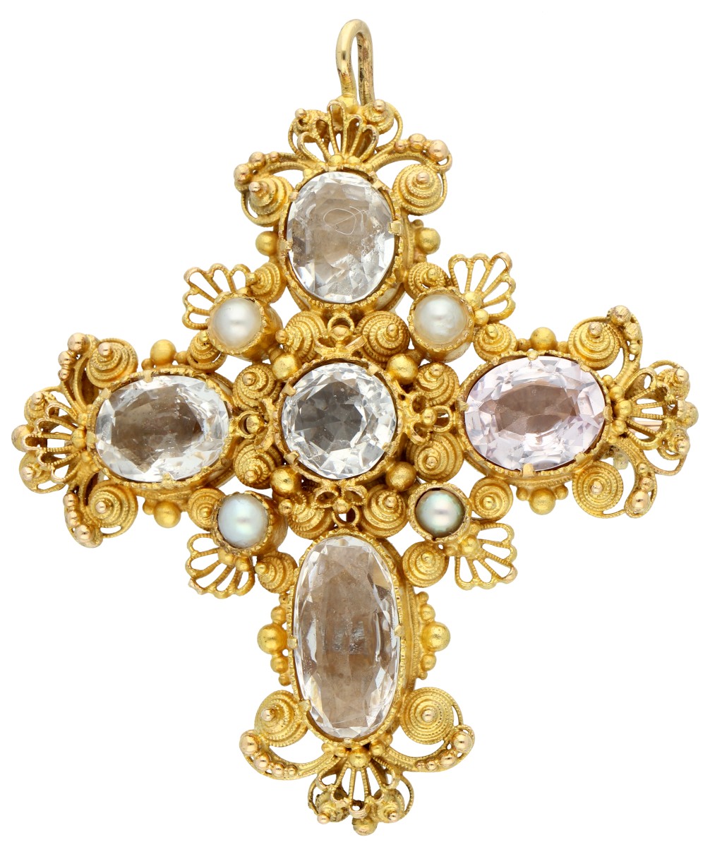 18K geelgouden filigrain kruis broche/hanger met edelstenen en parels