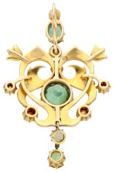 14K geelgouden hanger bezet met synthetisch smaragd en gecultiveerde parels