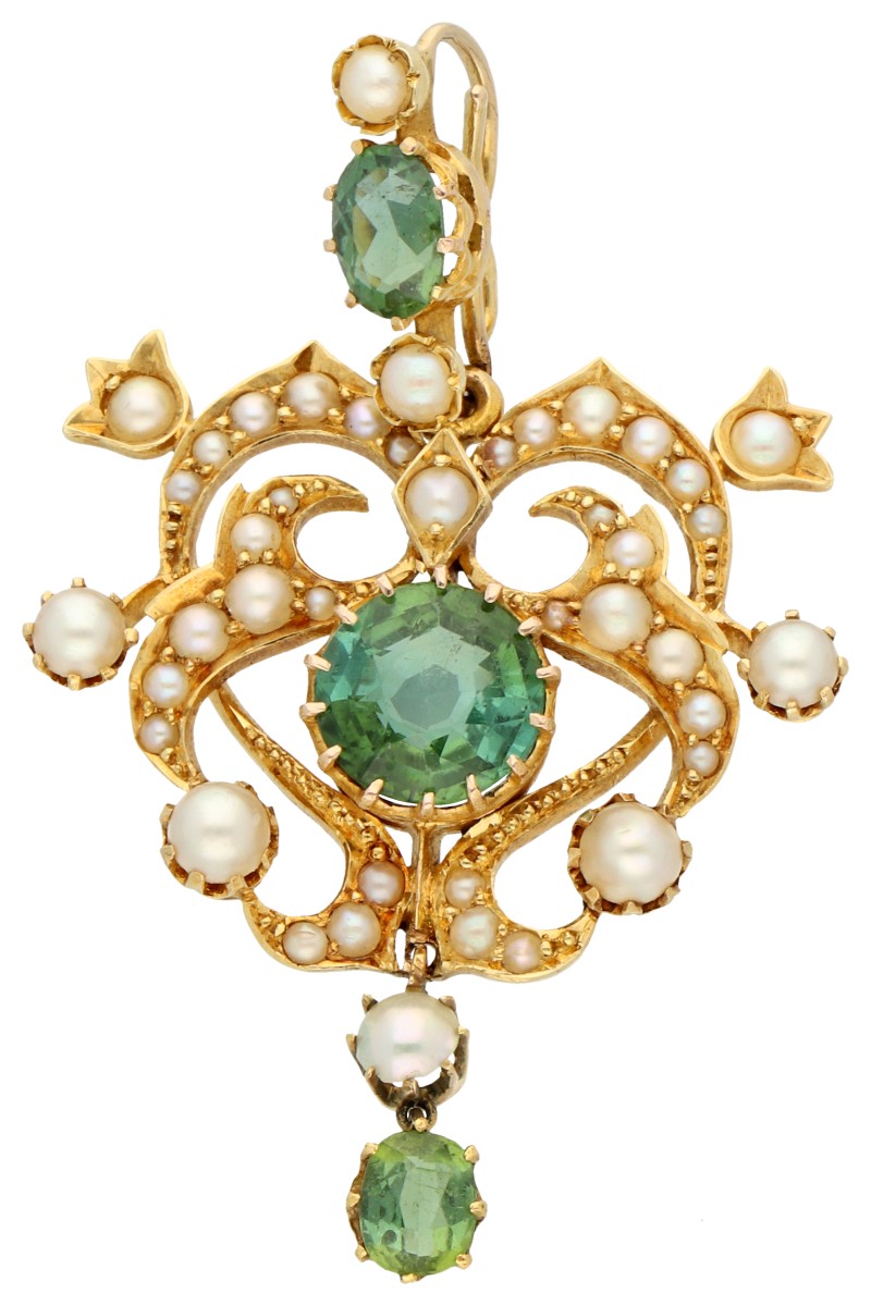 14K geelgouden hanger bezet met synthetisch smaragd en gecultiveerde parels