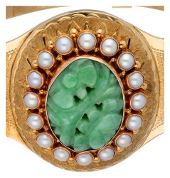 14K geelgouden bangle armband bezet met gesneden jade en gecultiveerde parels