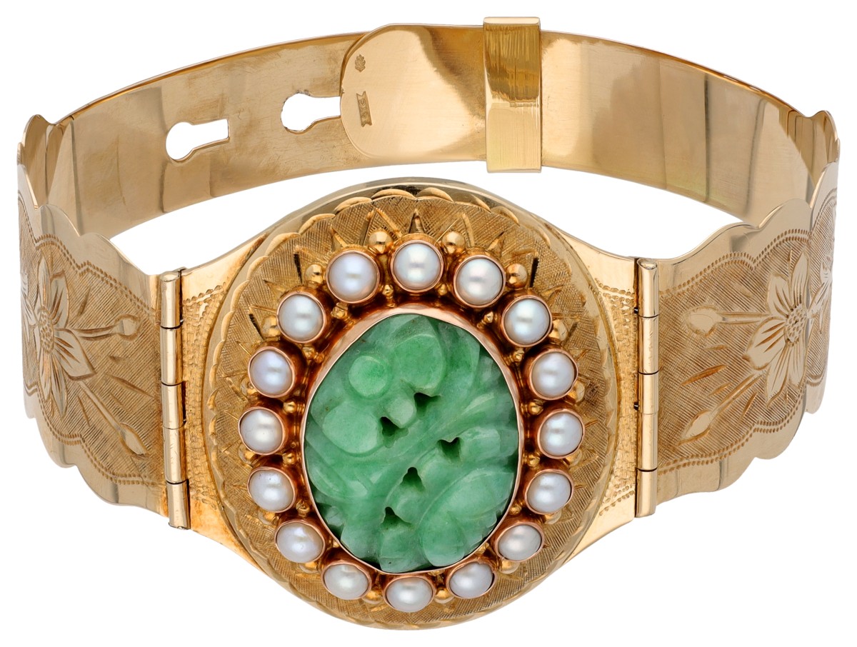 14K geelgouden bangle armband bezet met gesneden jade en gecultiveerde parels