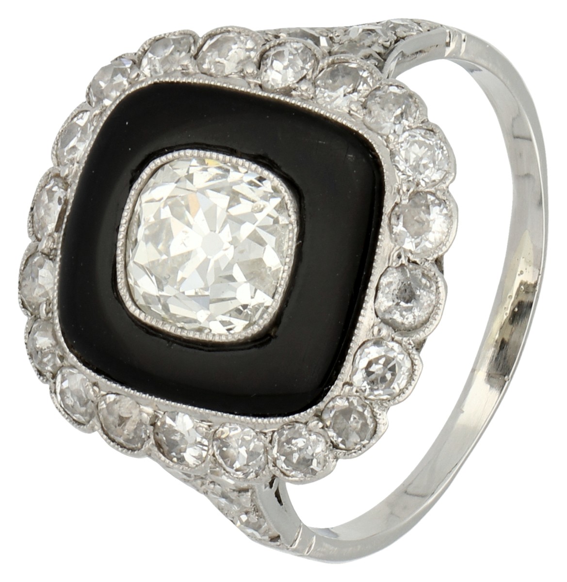 Platina Art Deco ring bezet met HRD gecertificeerde diamant en onyx