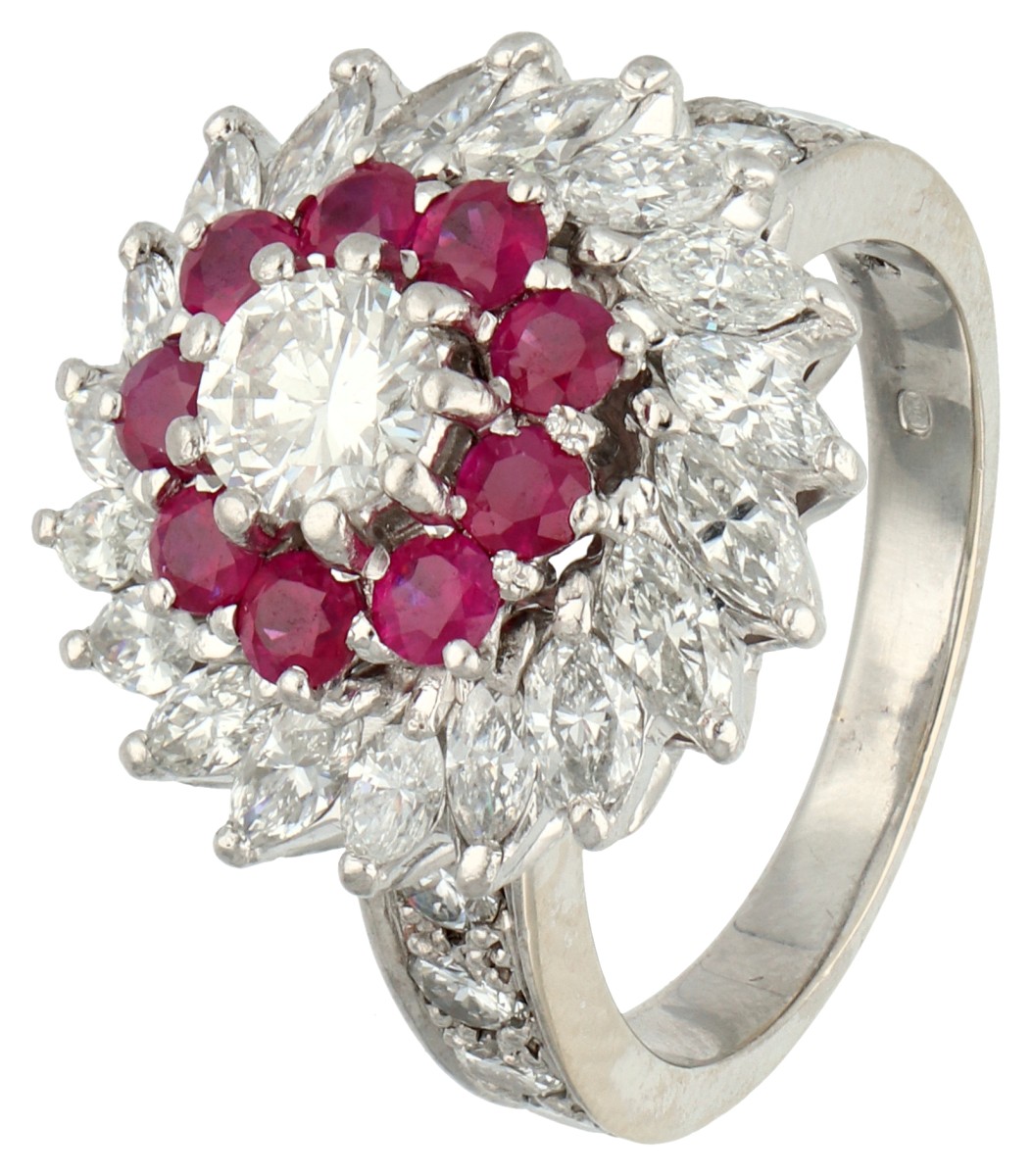 18K witgouden ring bezet met ca. 2.42 ct. diamant en synthetisch robijn