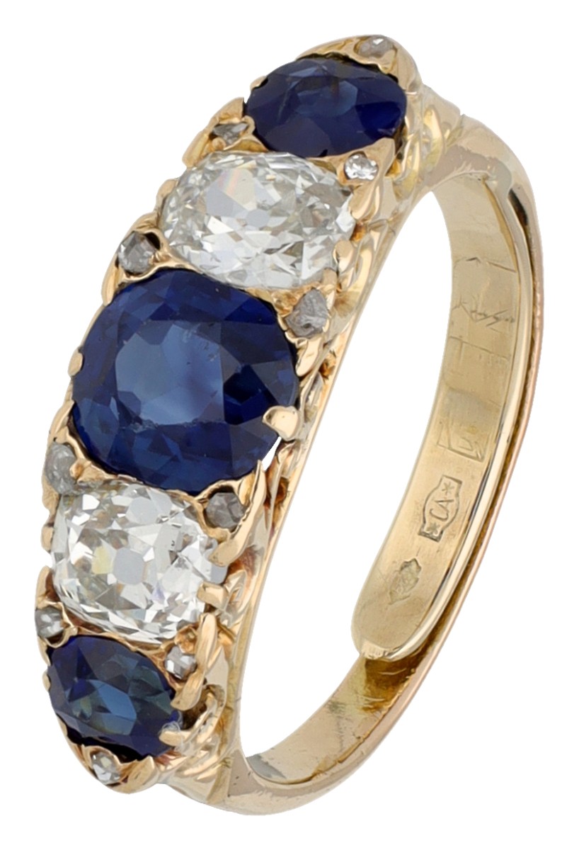 14K geelgouden rij ring met diamanten en saffieren