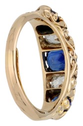 14K geelgouden rij ring met diamanten en saffieren.