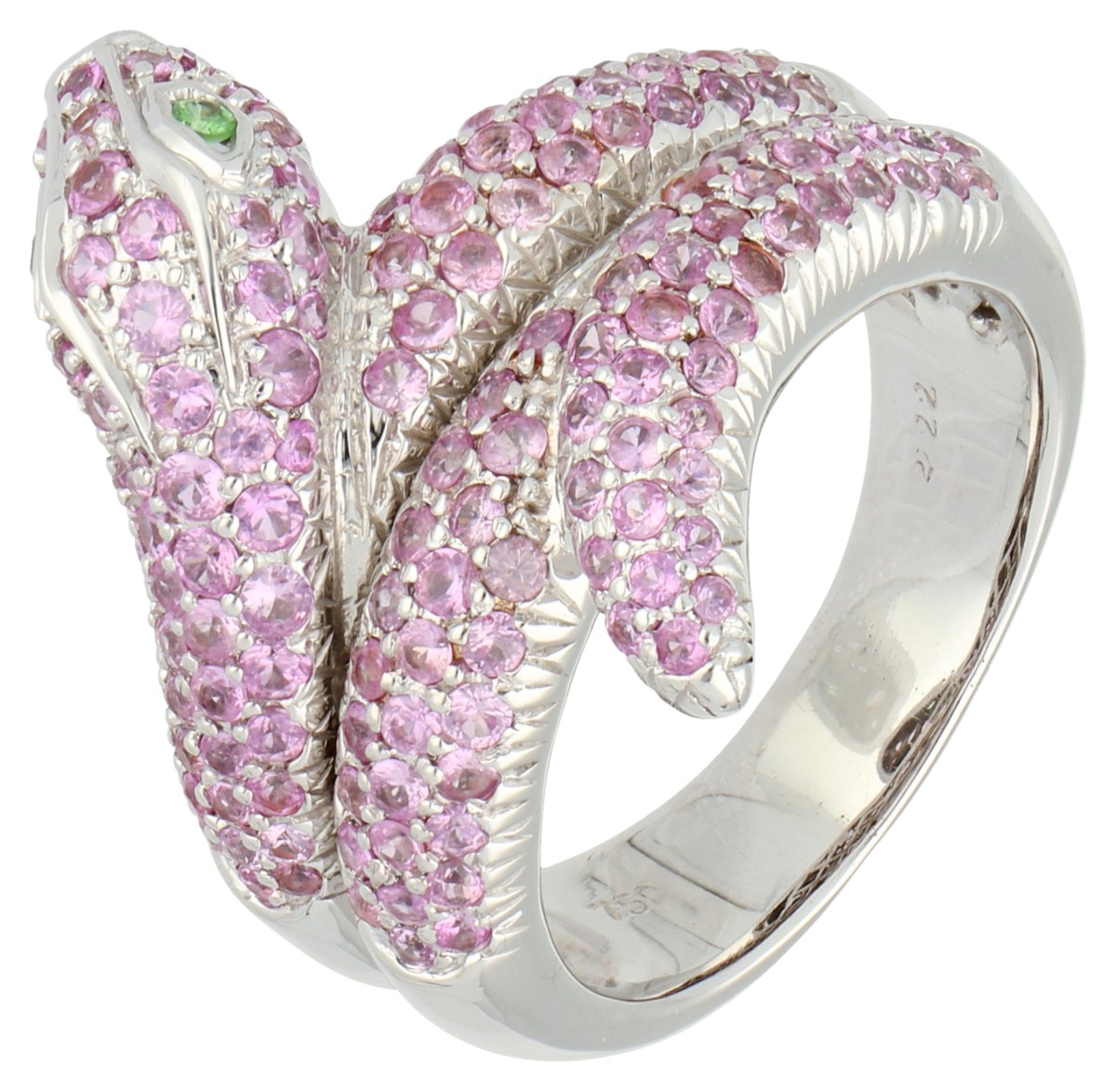 18K witgouden ring bezet met ca. 2.26 ct. roze saffier en twee groene kleursteen