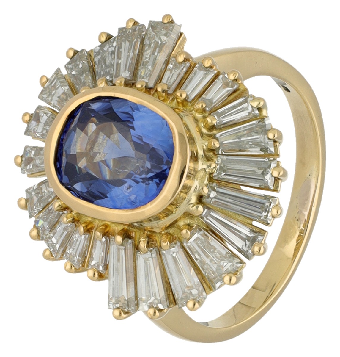 18K geelgouden ring bezet met  4.00 ct. natuurlijke saffier en 3.00 ct. diamant. IGI gecertificeerd
