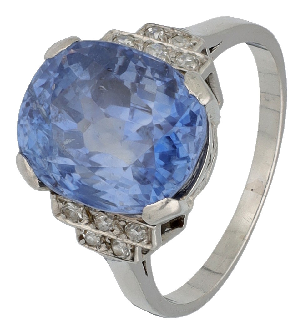 Platinum ring set with 7.5 ct natural untreated sapphire (Sri Lanka Ceylon) and diamond, included ALGT certificate