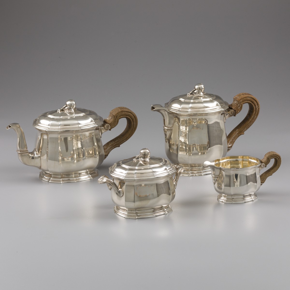 Art Nouveau koffie- en theeservies (4), Tétard frères, Parijs ca. 1900-1910, zilver.