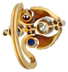 Gouden/platina ring bezet met diamant en synthetisch saffier
