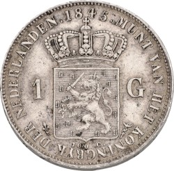 1 Gulden. Willem II. 1845 - Without line between shield and crown. VF / XF.