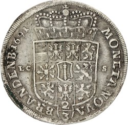 German States. Brandenburg-Prussia. Friedrich III. ⅔ thaler. 1691 IC S. XF -.