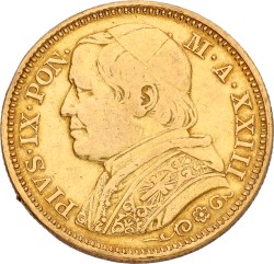 Italian states. Papal states. Pius IX. 20 Lire. 1869. VF.