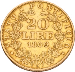 Italian states. Papal states. Pius IX. 20 Lire. 1869. VF.