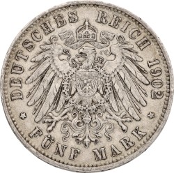 German States. Saxony. Albert I. 5 Mark. 1902 E. XF -.