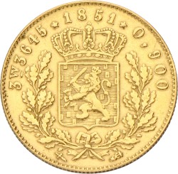 Halve gouden Willem of negotiepenning van 5 Gulden. Willem III. 1851. VF / XF.