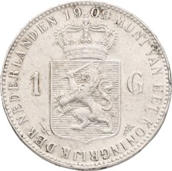 1 Gulden. Wilhelmina. 1909. VF / XF.