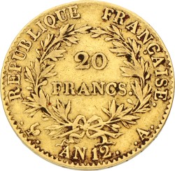 France. Paris. Napoleon Bonaparte. 20 Francs. An 12 A (1803). VF.