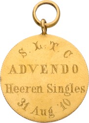 Nederland. 31 Augustus 1910. Prijspenning voor heren singles tennis - gegraveerd in een gouden tientje Willem III. AUnc.