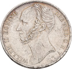 1 Gulden. Willem II. 1845 - Without line between crown and shield. VF / XF.