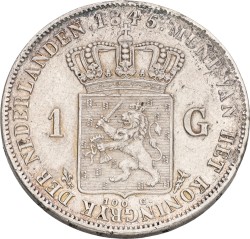 1 Gulden. Willem II. 1845 - Without line between crown and shield. VF / XF.