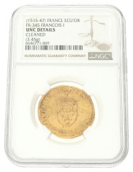 France. Francois I. Ecu d'Or. ND (1515 - 1547). UNC details.