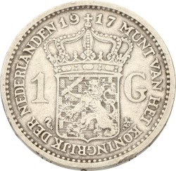 1 Gulden. Wilhelmina. 1917. VF / XF.