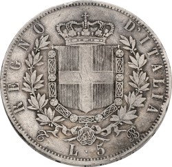 Italy. Kingdom. Vittoria Emanuele. 5 Lire. 1865 N. VF.