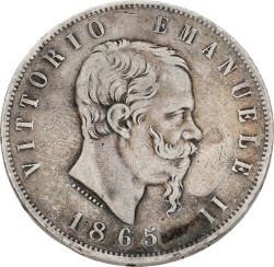 Italy. Kingdom. Vittoria Emanuele. 5 Lire. 1865 N. VF.