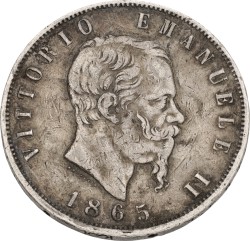 Italy. Kingdom. Vittorio Emanuele. 5 Lire. 1865 T. VF.