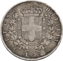 Italy. Kingdom. Vittorio Emanuele. 5 Lire. 1865 T. VF.