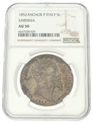Italian states. Kingdom of Sardinia. Vittoria Emanuele II. 5 Lire. 1852 P. AU 50.