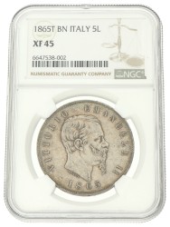 Italy. Kingdom. Vittorio Emanuele II. 5 lire. 1865 T BN. XF 45.