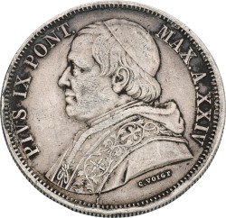 Italian states. Papal states. Pius IX. 5 Lire. 1870. VF +.