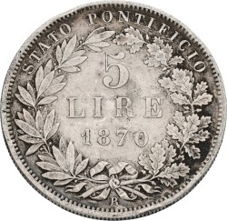 Italian states. Papal states. Pius IX. 5 Lire. 1870. VF +.