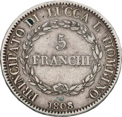 Italian states. Lucca. 5 Franchi. 1808. VF / XF.