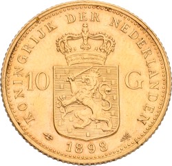 10 Gulden. Wilhelmina. 1898 - With dot. XF -.