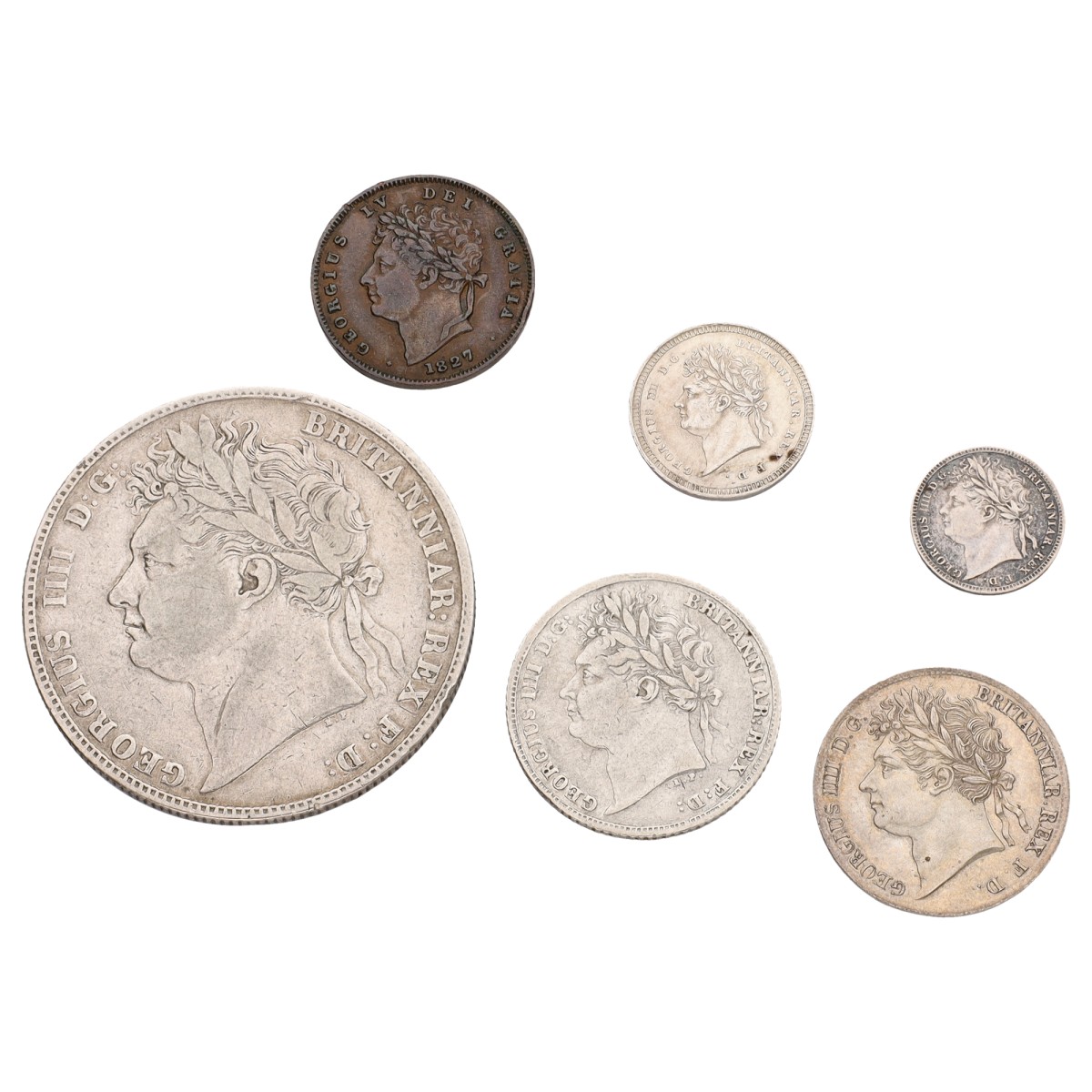 Great Britain. George IV. Lot (6) ½ Penny - Half crown. 3 Maundy pieces. 1821 - 1828. Average AUnc.