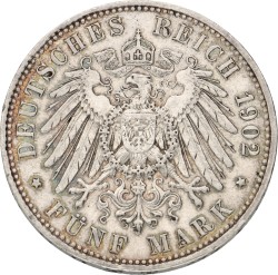 German States. Saxony. Albert. 5 Mark. 1902. XF.