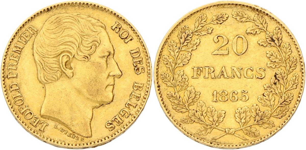 Belgium. 20 Francs. 1865. XF.