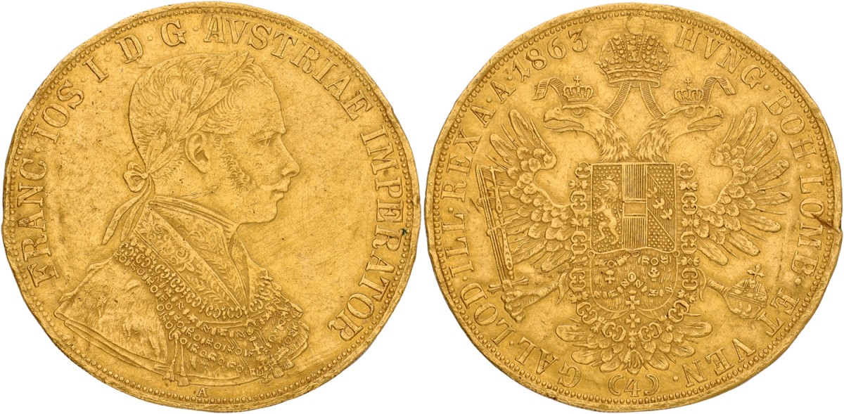 Austrian Empire. Franz Joseph I. 4 Ducats. 1863. F.