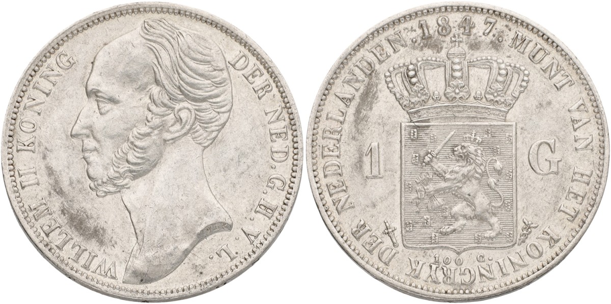 1 Gulden. Willem II. 1847. XF +.