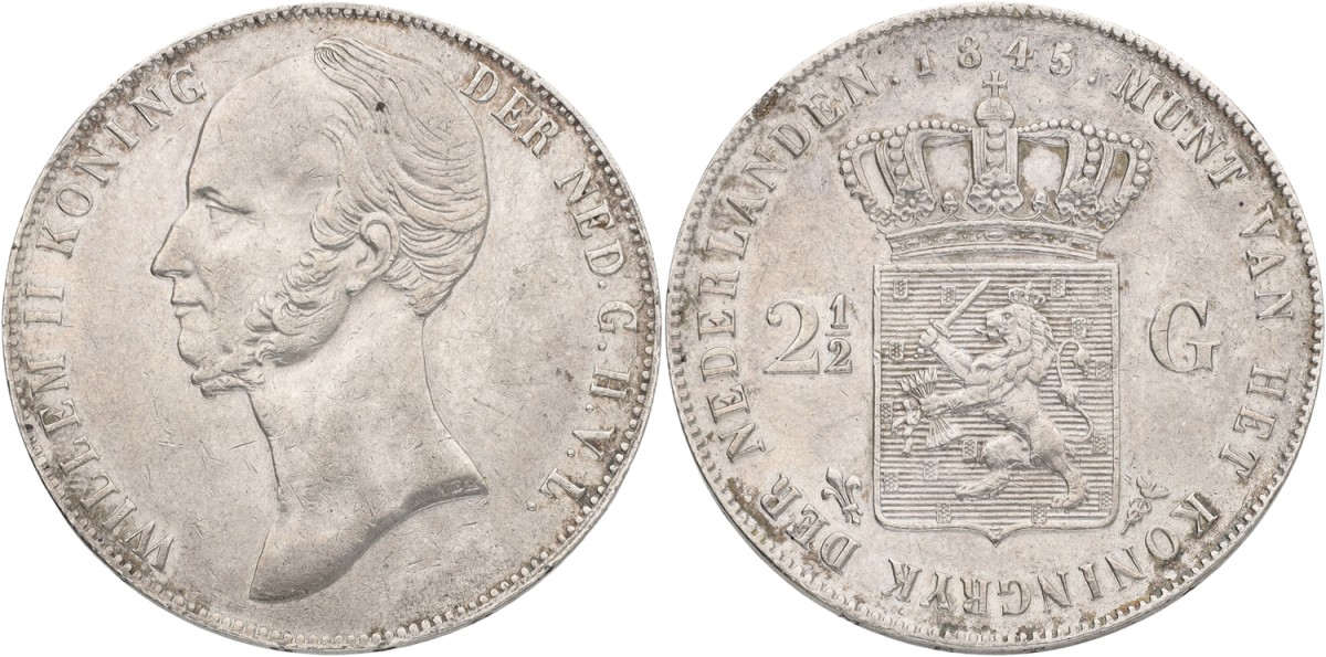 2½ Gulden. Willem II. 1845 - Without line between crown and shield. VF / XF.