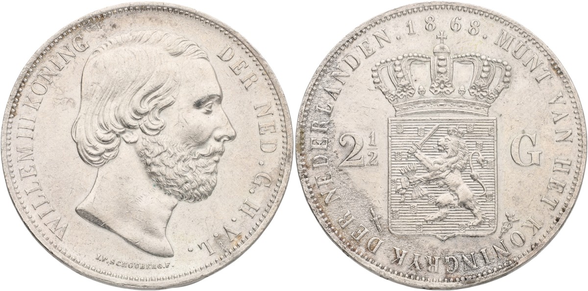 2½ Gulden. Willem III. 1868. XF +.