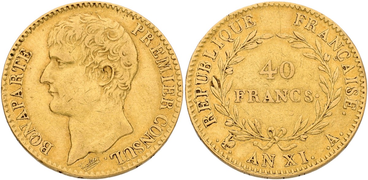 France. Paris. 40 Francs. AN XI A (1802). VF.