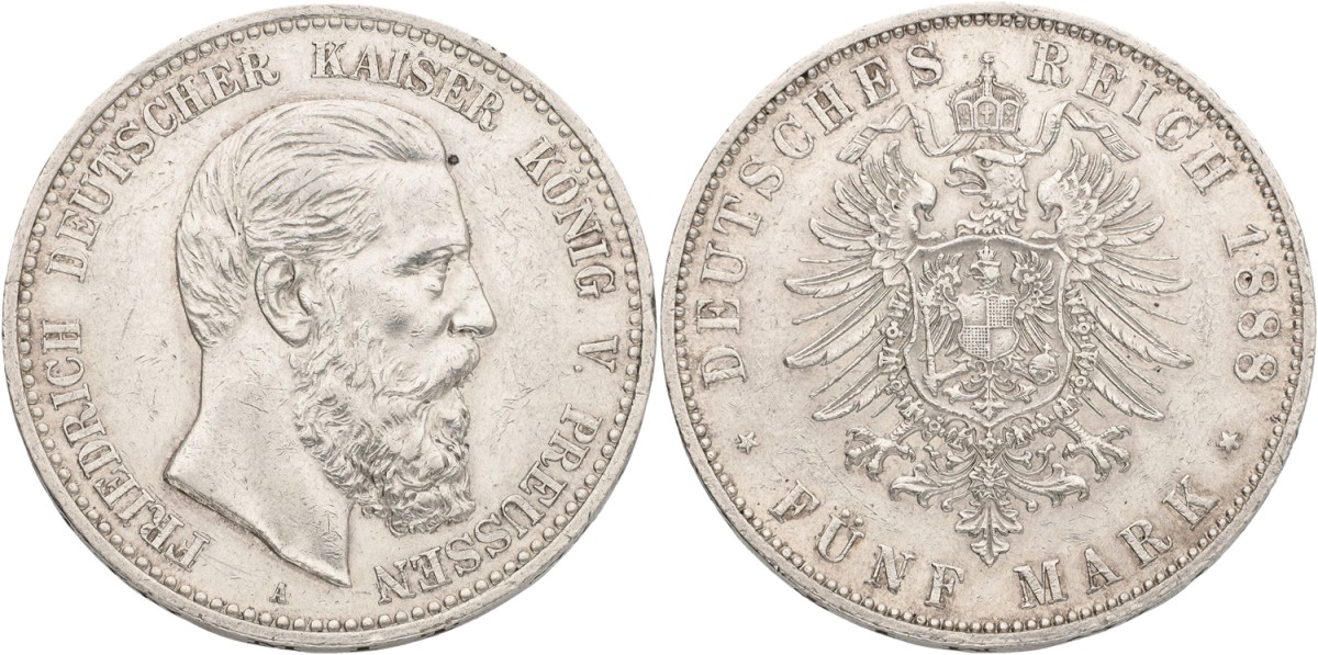 German States. Prussia. Friedrich III. 5 Mark. 1888. XF +.