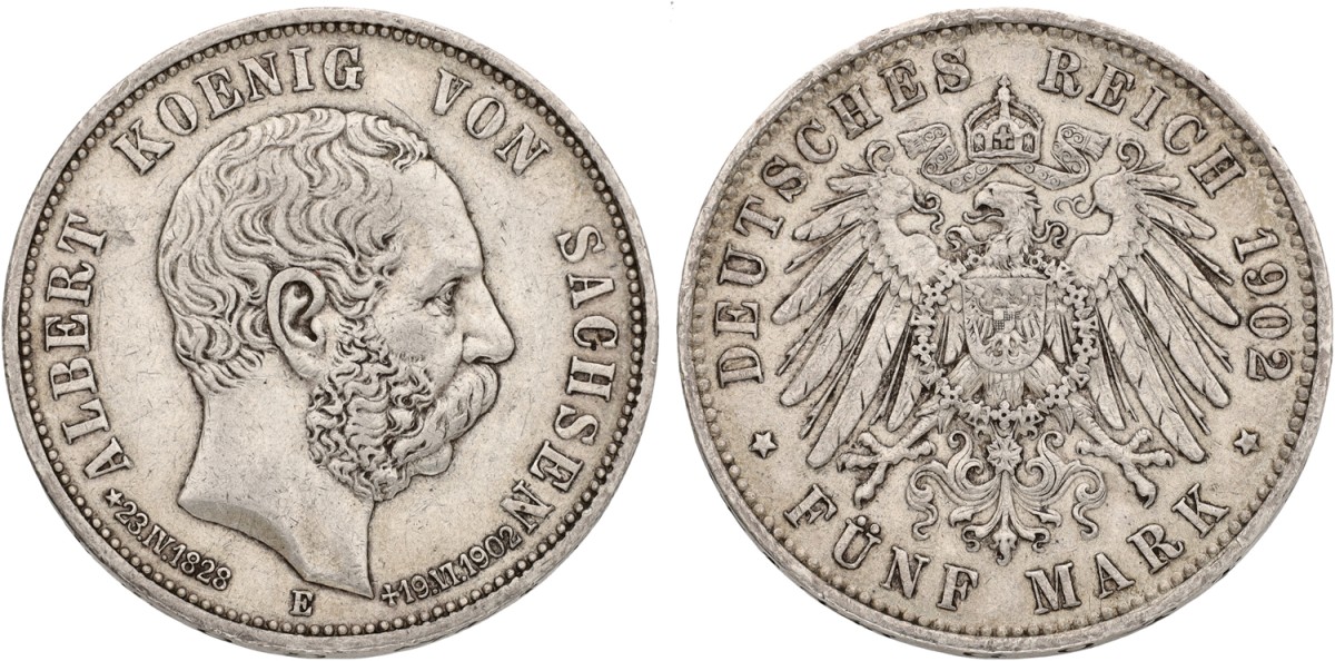 German States. Saxony. Albert I. 5 Mark. 1902 E. XF -.