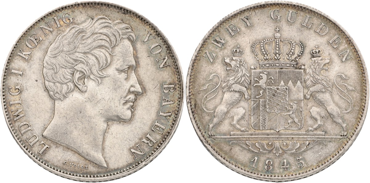 German States. Bavaria. Ludwig I. 2 Gulden. 1845. XF +.